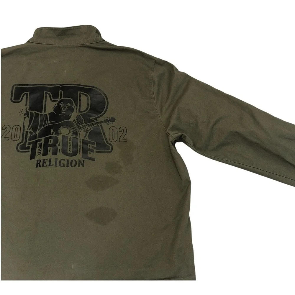 True Religion Mens Military Green HS Twill Jacket Buddha Graphic Full Zip‎ Large